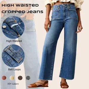 Imily Bela Womens High Waisted Cropped Jeans Trendy Stretchy Baggy Straight Leg Raw Hem Capri Denim Pants