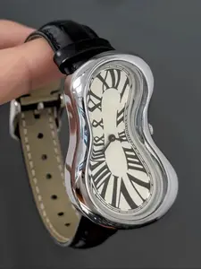 Hyperrealistic Melting Watch, Glossy Silver Color Case, Crocodile Leather Strap, Twisted Roman Numerals, Unique Art Watch