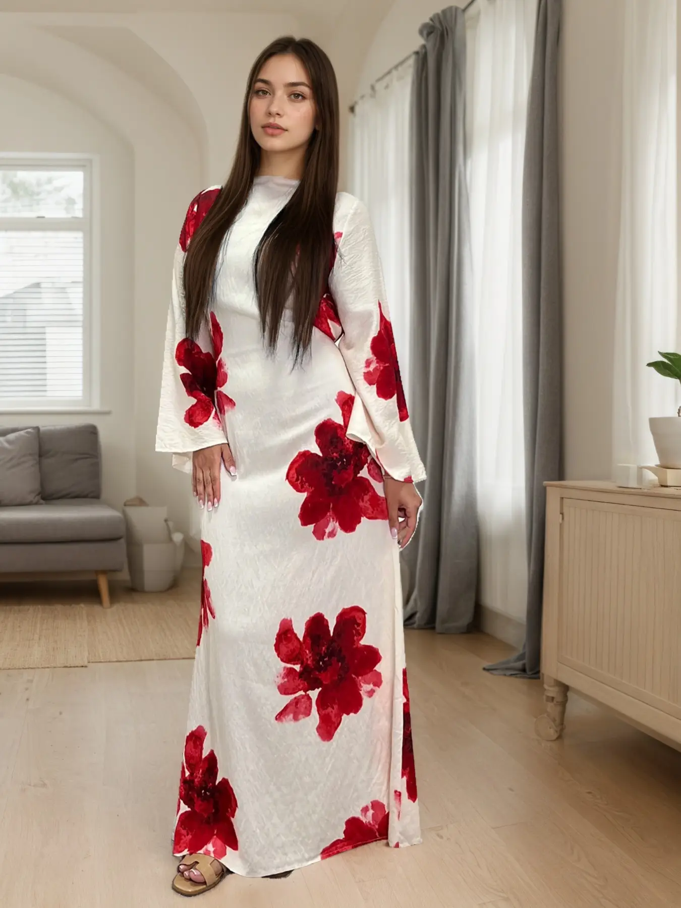 Women's Floral Print Long Sleeve Maxi Dress, Elegant Open Front Long Dress for Party Holiday Wedding Guest, Ladies Clothes for All Seasons