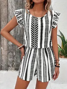 Elegant Women's Floral Print Jumpsuit, Boho Geometric Pattern Flowy Sleeves Round Neck Tie High Waist, Ladies Fashion Clothing