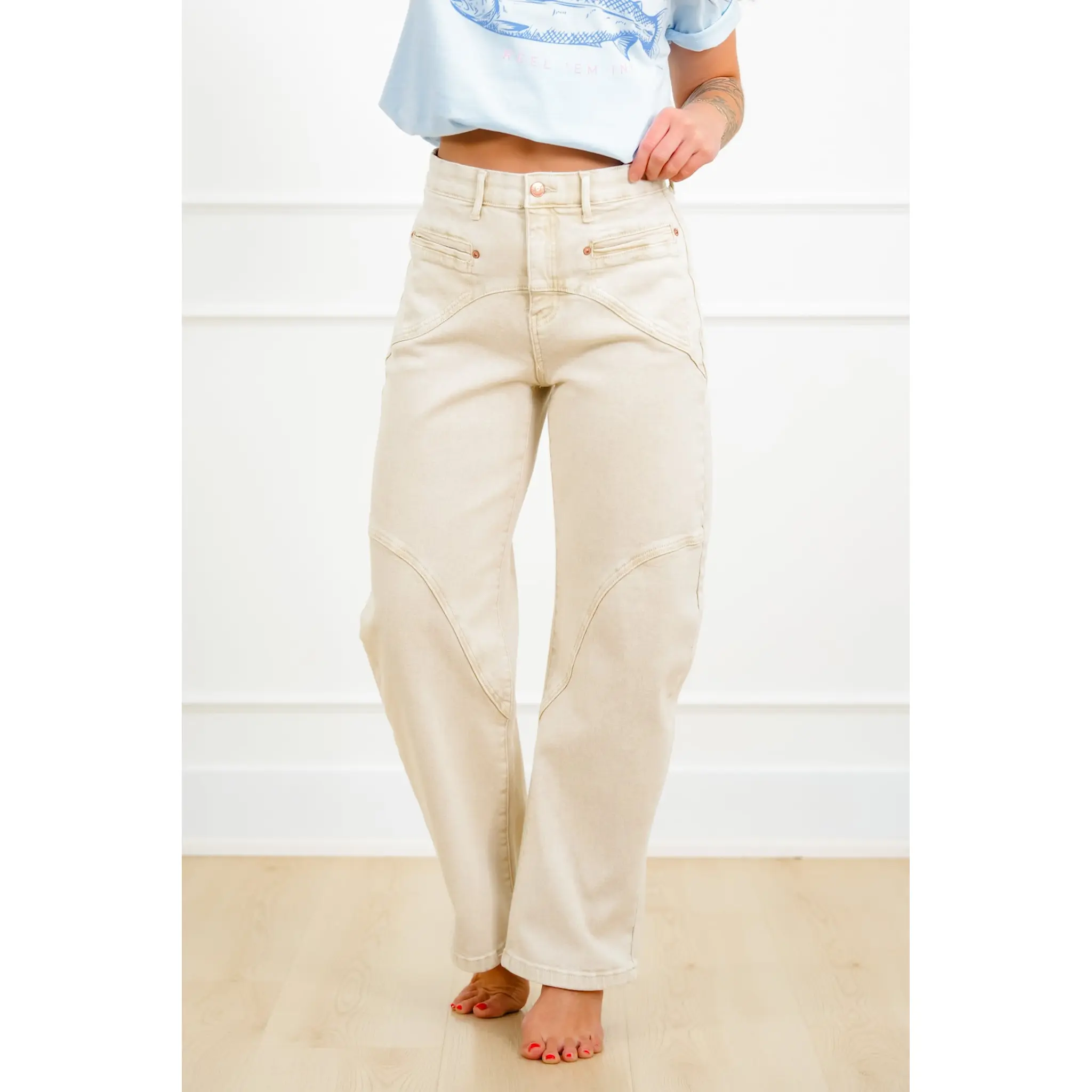 Saige High Rise Beige Tummy Control Barrel Jeans with Elastic Waistband