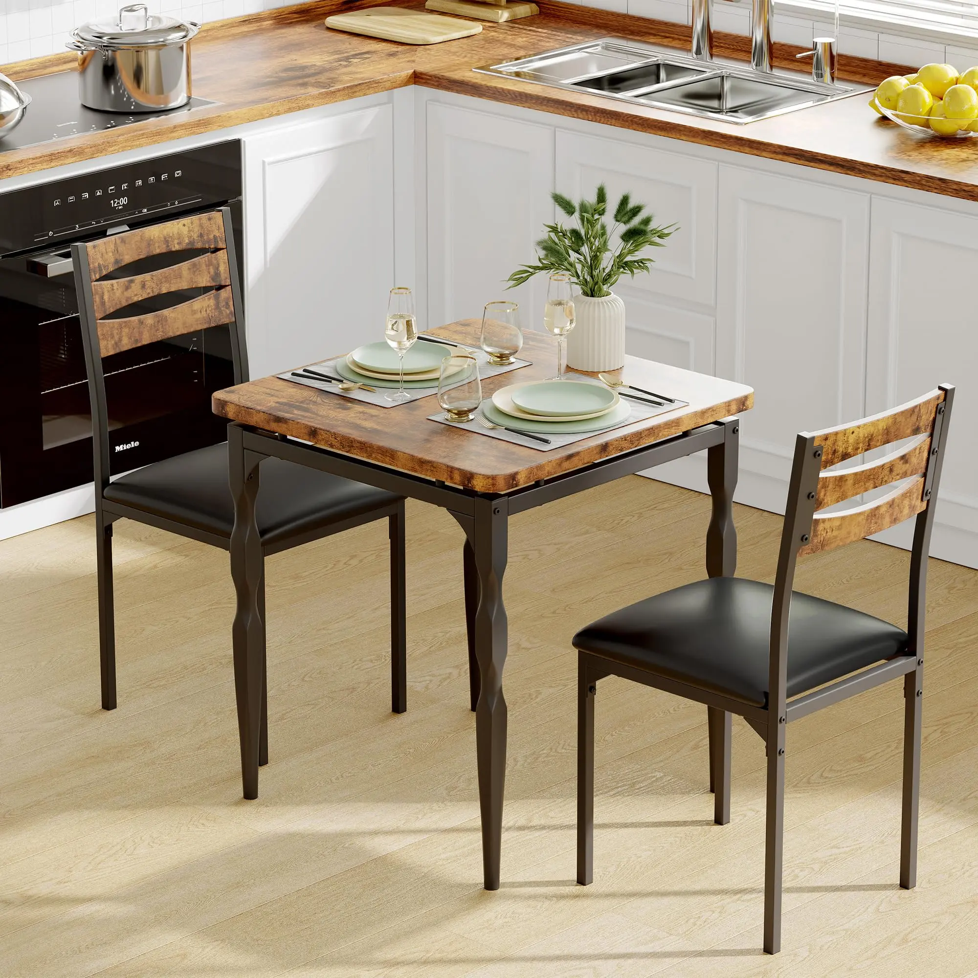 Indoor Furniture 3-Piece 2-Seater Dining Table Set - 31.5" Table, Modern Spiral Legs, Ergonomic, Durable, Assembly Required, Space-Saving for Small Kitchen Apartments, Ideal for Couples, Brown & Black Options, Washed