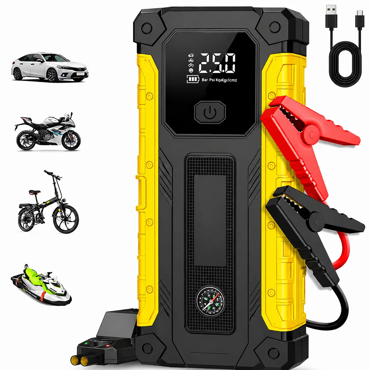 5-in-1 Portable Car Emergency Starter, 12V Quick Start, with USB Input/Output, LED Emergency Light, Compass Function, Road/Vehicle Emergency Rescue Tool，Local warehouse shipping