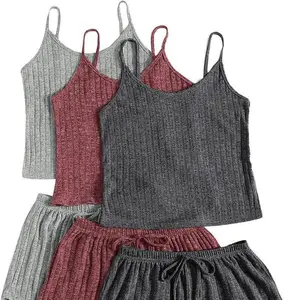 Six-piece set Women's Plain Ribbed Shorts Set, Casual Crop Cami Top & Elastic Waist Shorts Set, Back To School Gifts, Summer Clothes, Summer Outfits Sets for Outdoor Holiday, Outfit Sets for Women, Matching Sets