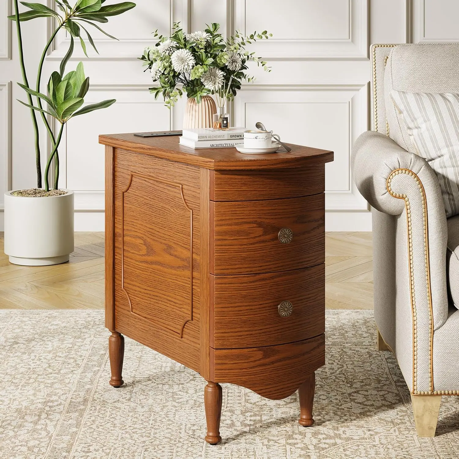 Vividwood End Table with Charging Station, Narrow Side Table with 2 Drawer, Wood Sofa Side Table with Solid Wood Feet for Living Room, Vintage Slim Nightstand Bedside Table for Bedroom, Easy Assembly