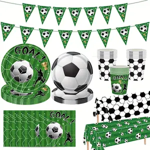123 Pcs Soccer Themed Party Supplies Set, Disposable Football Tableware with Plates, Cups, Napkins, Tablecloth & Pennant Banner, Green Field Decor for Kids Soccer Birthday, Game Day Party, Sports Celebration