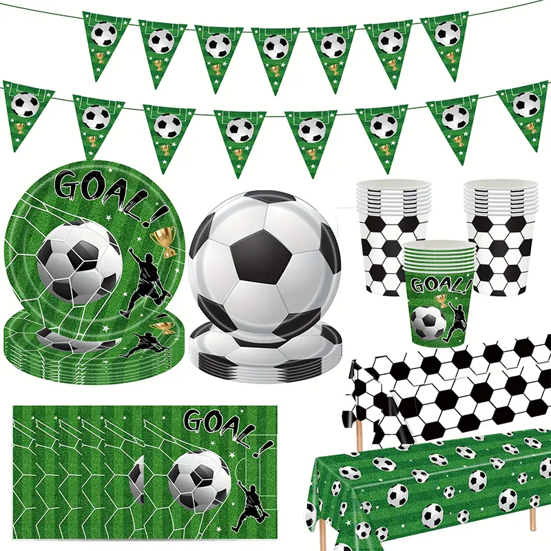 123-Pcs Soccer Party Supplies Set - Disposable Football Tableware (Plates, Cups, Napkins, Tablecloth), Pennant Banner, Green Field Decor for Kids’ Happy Birthday, Watch Party (Birthday Ideas Included), Party Decorations, Player Silhouettes