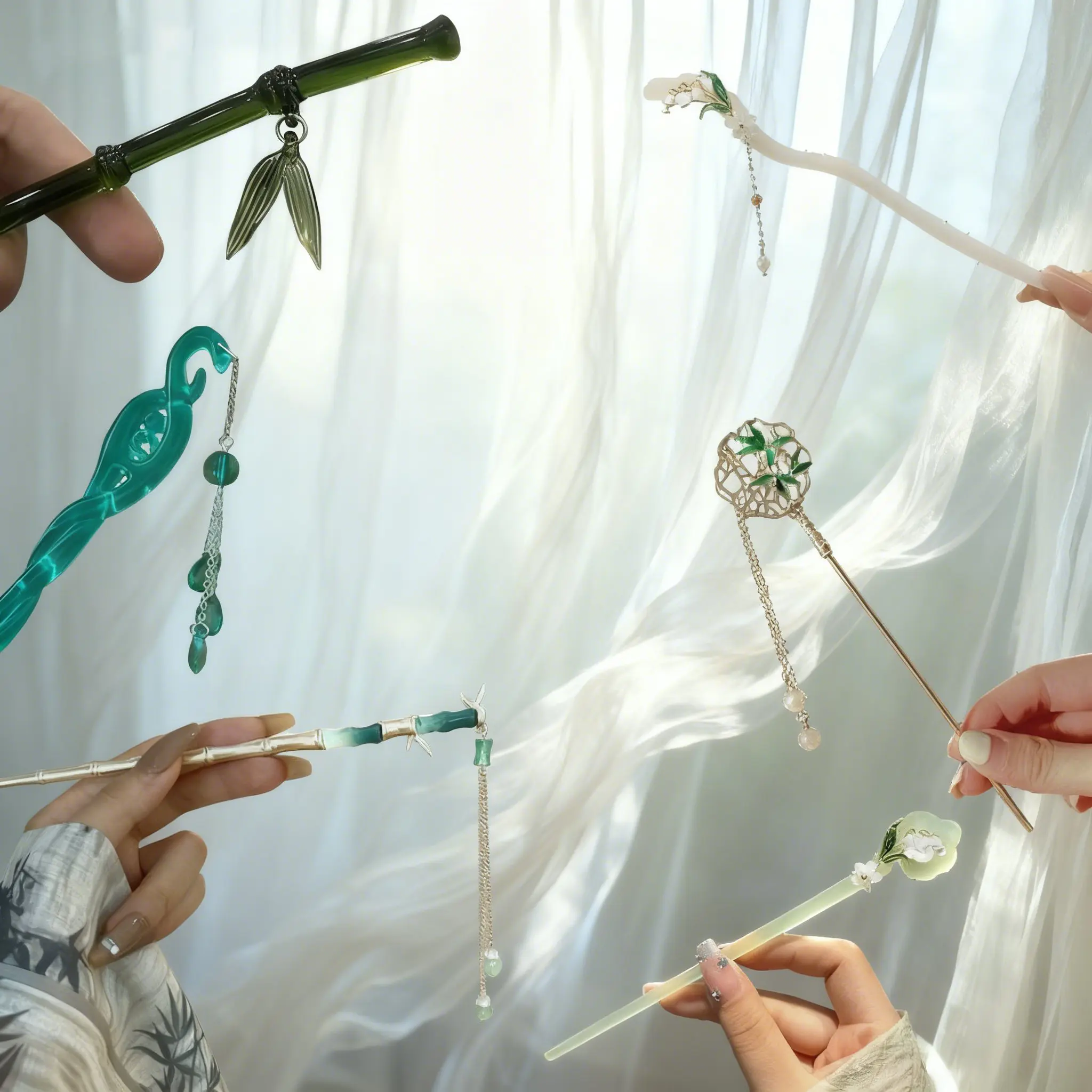 6PCS Chinese Ethnic Style Green Hairpins with Fluffy Tassels - 18cm Ancient Look Hair Accessory Set with Elegant Carving, Animal Motifs, Auspicious Vibe for Girls, Ideal for Legend of the White Snake Cosplay, Ceremony Gifts, Animals, Engagement