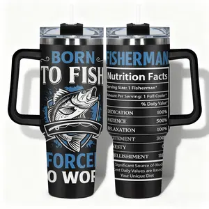 1pc Tumbler Stainless Steel Water Bottle Insulated Travel Drinkware Born to Fish Forced to Work  Designs, Leakproof Large Capacity (40oz/30oz/22oz/20oz/14oz), Needed for Gym, Hiking, Travel Ideal Birthday Christmas Gift