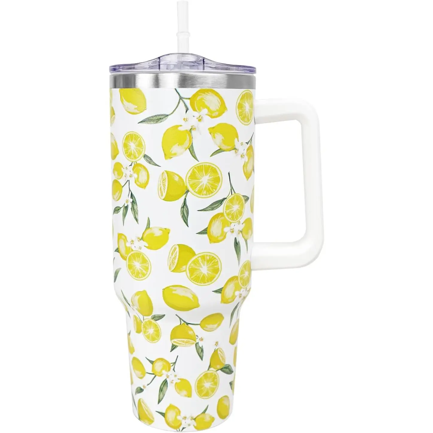 40 Oz Stainless Steel Insulated Printed Lemon Vacuum Flask - Yellow Themed Portable Water Bottle with Handle, Straw, Lid, Women's Indoor Kitchen Drinkware, Ideal Birthday Gift for Coffee, Tea, Flasks