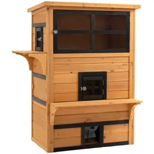 Story House Feral Cat Shelter Outdoor Kitten Condo with Raised Floor Asphalt Roof Escape Doors Jumping Platforms Yellow