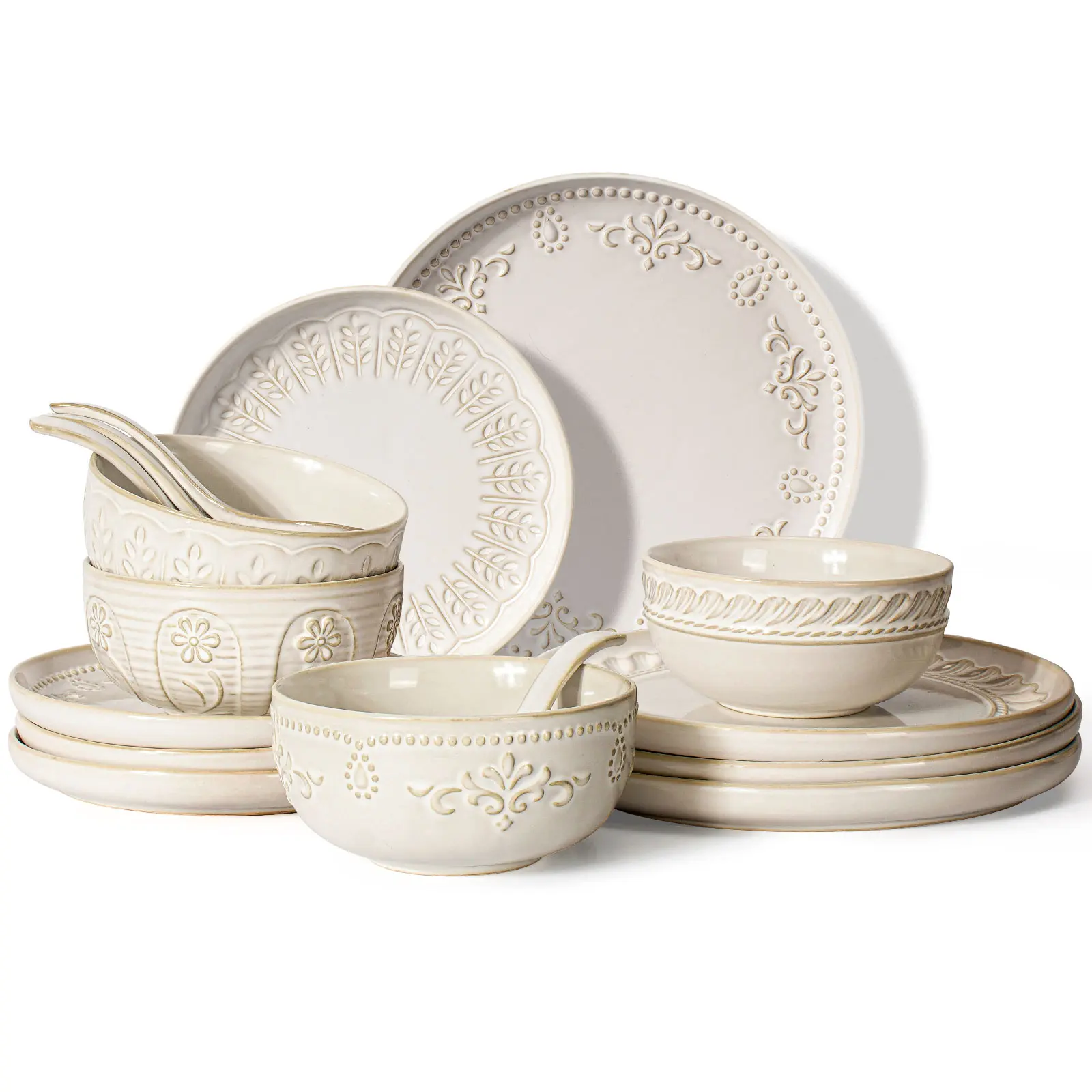 Order Get FREE 4-pcs Set Gift！Artena 16-Piece Embossed Ceramic Dinnerware Set Service for 4, Microwave & Dishwasher Safe Elegant Textured Plates Bowls Kitchen Tablewar