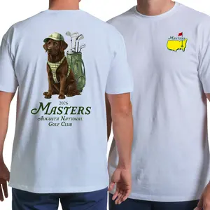 Masters 2026 Golf T Shirt, 2 Sides Labrador Dog Golfer Graphic Tee, Augusta National Golf Club Design, Cute Caddy Dog with Golf Bag Print, Soft Cotton Blend Shirt, Gift for Golf Lovers