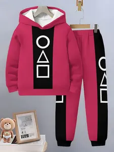 Boys Spring & Fall Sports Set, Squid Game Colorblock Hoodie and Pants Two-Piece, Casual Fitted Kids Clothing