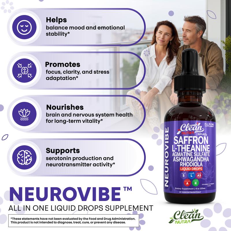 Clean Nutra Saffron Supplement Drops + L-Theanine Ashwagandha Rhodiola Agmatine Sulfate for Calm Mood & Focus Support - NeuroVibe Liquid
