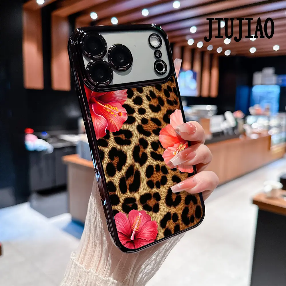 Lilies & Leopard Print Luxury Soft Silicone Phone Case for iPhone 17 Pro Max/Air,16 Pro Max,15 Plus,14-11 - Customized Casing, All-Inclusive Lens Protection, Shockproof Anti-Drop Transparent Electroplated Cover