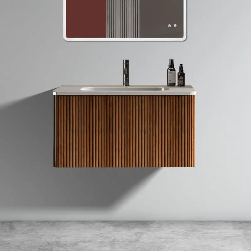 U047-Etna30W-305 Etna 30" Striped Walnut Bathroom Vanity with White Ceramic Sink, Wall Mounted Floating Bathroom Vanity for Modern Bathroom, Pre-assembled   WL
