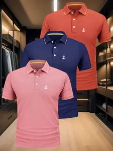 Men's Anchor Print Polo Shirt, Regular Fit Casual Short Sleeve Collared Top for Summer, Fashion Men's Clothes for Daily Wear, Tropical