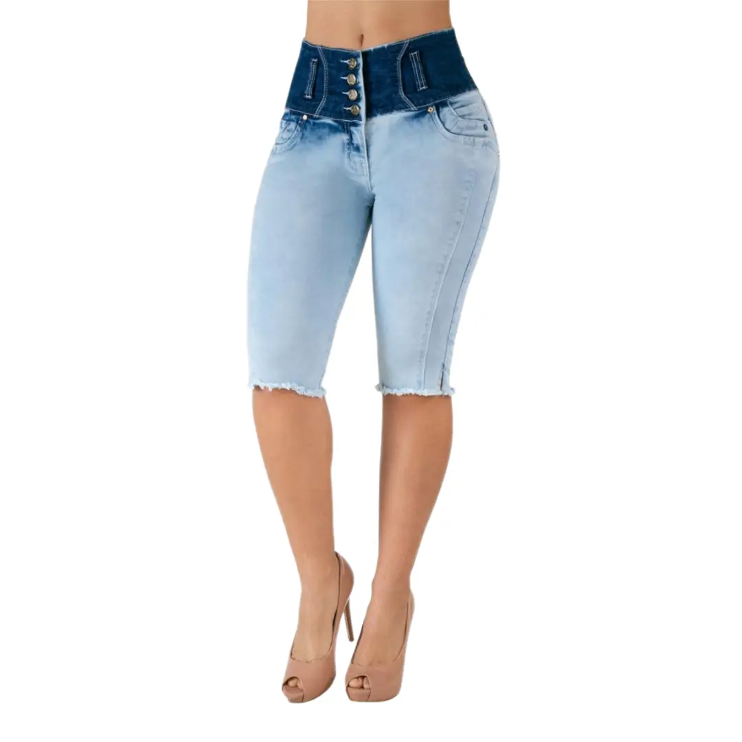 Tiki Jeans Women's High Waist 2-Tone Heart Denim Capri Bottom - Butt-Lifting, Stretchy, Skinny Slim Fit, Lightweight Comfortable Fabric, Button Closure, Pocket Design