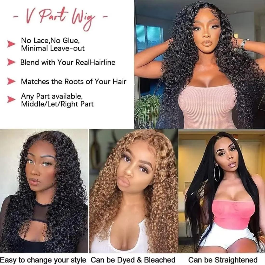 Bling Hair V Part Wigs Deep Wave With Invisible Strap Drawstring 100% Human Hair Glueless Wig Deep Wave Natural Hairline Beginner Friendly 180% Density Curly Wigs For Women Natural Black