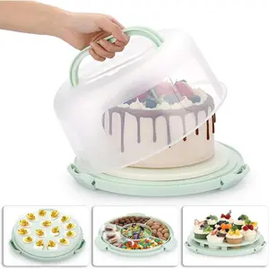 Portable Cake Carrier with Lid and Handle, Devil Egg Container + Cupcake Storage Tray for Transport, 10 Round Cake Container Holder with Two Sided Base for Pies Cookies Nuts Fruit, Green