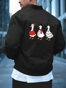 Men's Fall Winter Outdoor Casual Fitted Hoodie Jacket, Christmas Duck Print, Holiday Fashion Gift, Pocket Zipper Outerwear Coat