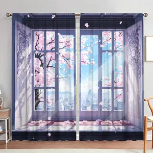 Cherry Blossom Pattern Door Curtain, 1 Set City Landscape Print Door Curtain, Home Decor for Living Room Bedroom, Room Divider Curtain, Home Decoration Curtain