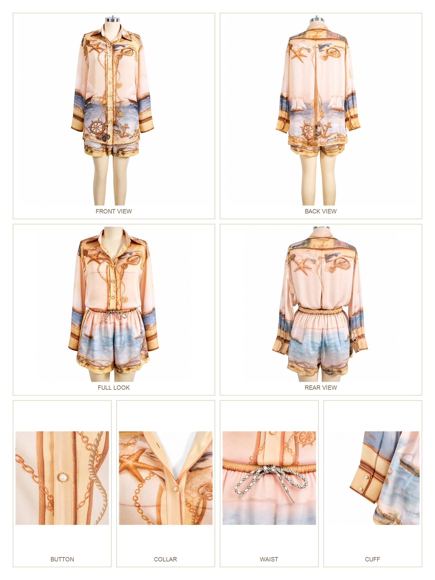 Women's 2-Piece Nautical Riviera Ocean Tropical Fit Set - Vintage Sailboat & Anchor Print Long Sleeve Button Down Shirt, Elastic Drawstring Shorts with Rope Belt for Lady Casual Chic Style, Elegance, Coordinates, Breathable, Comfortable, Fabric, Ruffled,,