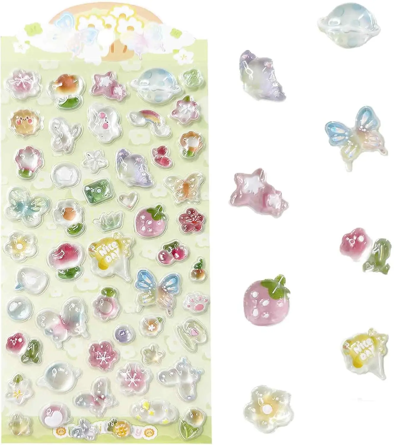 3D Cute Stickers Cartoon Butterfly Flowers Green Fruit Puff Stickers  Mini Puffy 3D Reusable Puffy for Scrapbooks Planner Journals Laptops Phone Case Decoration