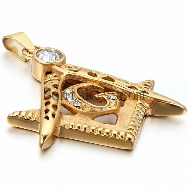 Men's Gold Plated Stainless Steel Rhinestone Masonic Freemason Pendant Necklace