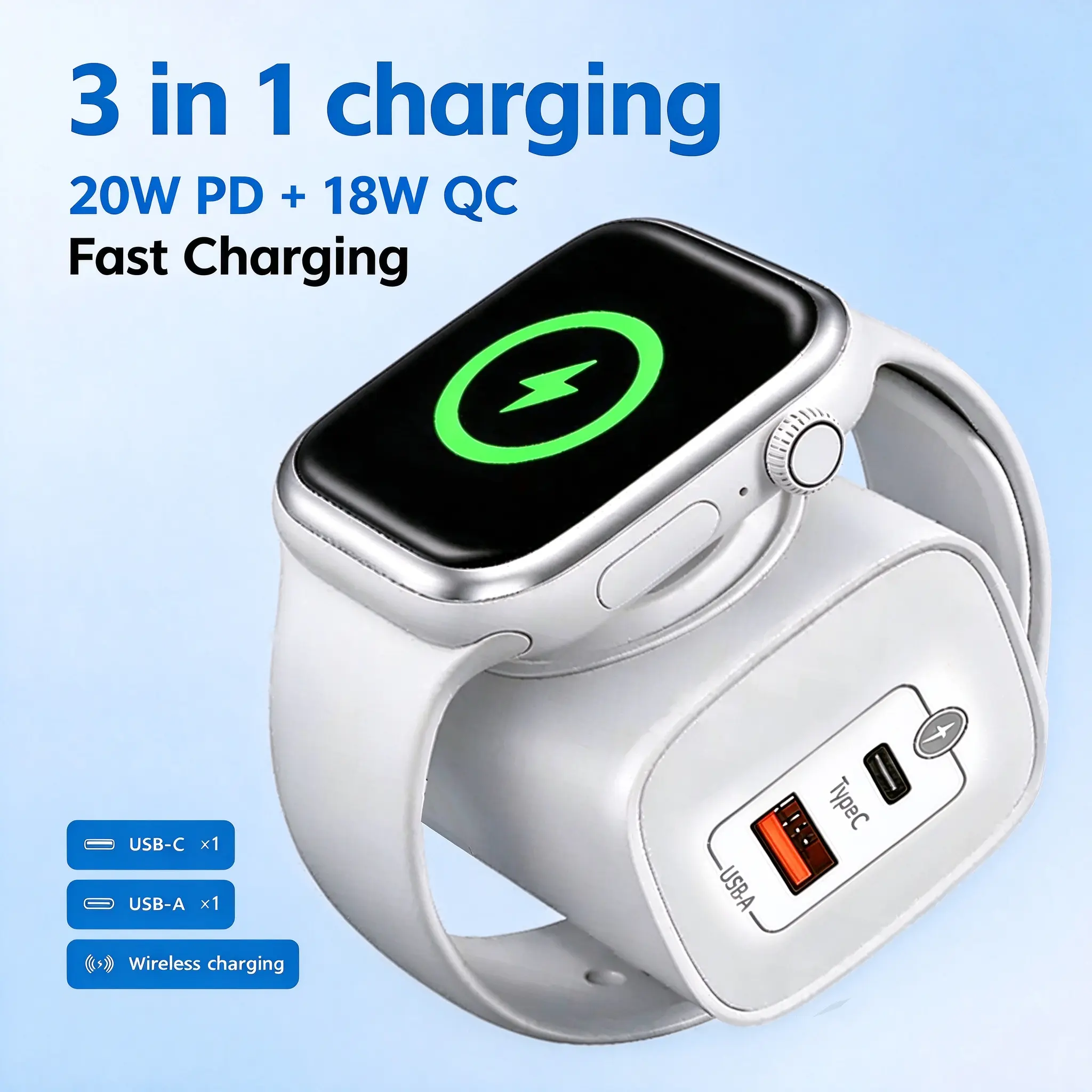 20W PD + 18W QC 3-in-1 GaN USB C Wall Charger Block with Built-in Wireless Watch Charging & Dual Ports, Compatible with Cellphone, Electronic Devices, Smartphones, Smartwatches, Includes Cable & Lightning Support, White