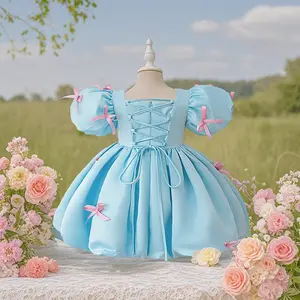 3052 Baby girl sky blue dress pink small bow design dress skirt elegant design suitable for birthday gift birthday party anniversary
