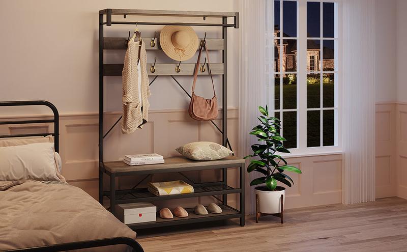 GARVEE Industrial Storage Shoe Bench, 72" Mudroom Hall Tree with 8 Hanging Hooks