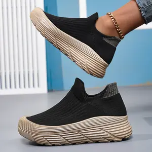 Women’s Black Knitted Platform Slip-On Sneakers Comfortable Walking Shoes Lightweight Travel Sneakers