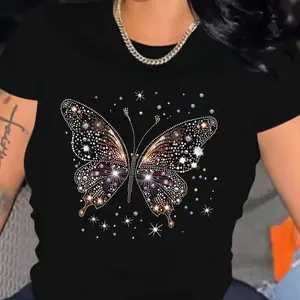 Women's Casual Butterfly Print T-Shirt - Soft Polyester & Spandex Blend, Crew Neck, Short Sleeve, Machine Washable - For Women - Perfect for Everyday Wear, Summer & Casual Occasions - Great Gift for Fashionable Women