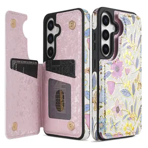 Luxury Wallet Foil Printed Embossing Hot Stamped Floral Pattern Double Buckle RFID Blocking Anti Theft Brush With Card Slot Photo Frame Support Function Magnetism Flip Artificial Leather Case Compatible With Samsung Galaxy Business Fall Prevention Cover