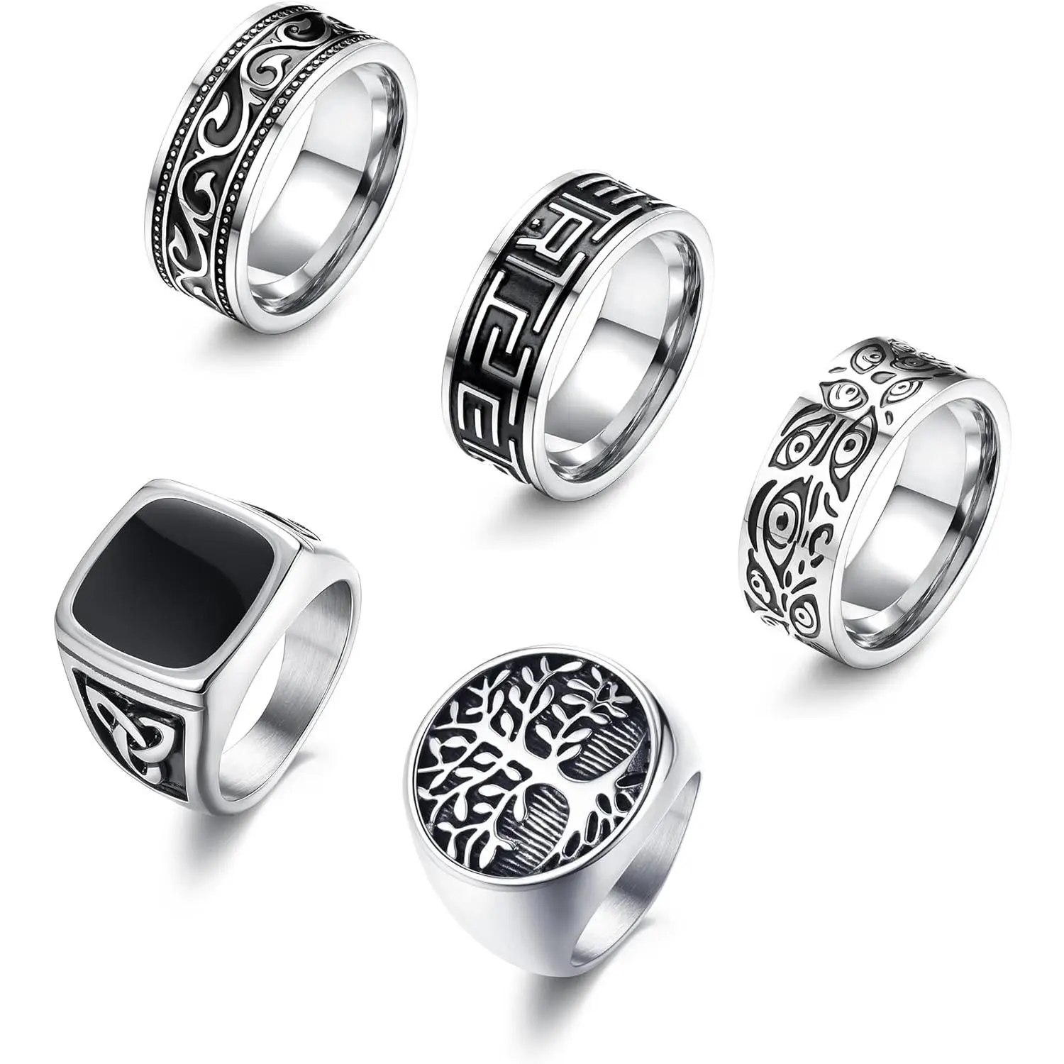 FLORIDECO Men's 5Pcs Stainless Steel Stackable Rings Set - Greek Signet, Thumb, Silver Retro Celtic, Vintage Biker Bands, High-Quality, Durable, Unique Design for Daily Wear, Stackable Ring,summerwins