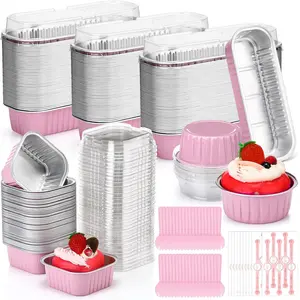 150 Pcs Mini Loaf Pans with Lids Disposable Ramekins Aluminum Foil Cake Baking Cups Round Rectangle Square Cupcake for Flan Muffin Dessert Party Favors