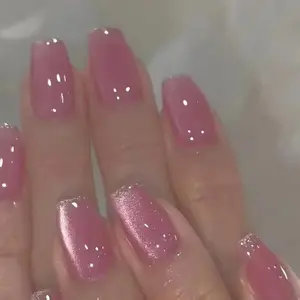 Pink Cat Eye Press on Nails Coffin Short Medium Fake Nails with Bling Designs Full Cover Gel Fake Nails for Women Acrylic Glitter False Nails Manicure stick on nail for Wedding 24 Pcs