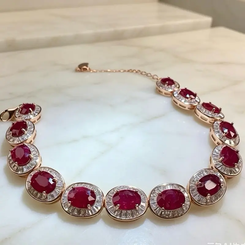 <PingEast Jewelry> Ruby Halo Bracelet An elegant halo-style bracelet crafted in 925 sterling silver with six-layer 18K rose gold plating. Featuring 13 natural pigeon blood rubies from the Mogok mines of Myanmar, each stone weighing 1ct, securely set in a