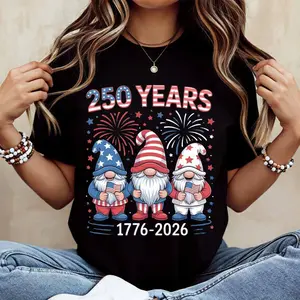 Patriotic Gnomes 250 Years 1776 2026 Fireworks T-Shirt White Casual Loose Fit Tee For Independence Day Celebration And Everyday Wear
