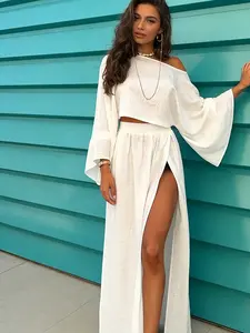 Two-piece women's white Elegant Chic Casual Fashion Set loose short-sleeved diagonal off-shoulder long-sleeve sun-protection top slit long dress set suitable for spring and summer, suitable for travel and vacation wear.