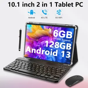 Crelander 10.1 inch 2 in 1 Android 13 Tablet 4G LTE 6GB RAM 128GB ROM 5000mAh Battery 1280x800 IPS Touch WiFi Bluetooth Dual Camera SIM Card Slot Keyboard Case Mouse Stylus