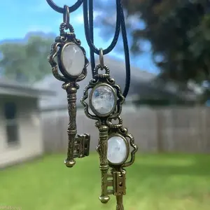 Natural Moonstone Hecate Key Pendant Necklace With Adjustable Cord Chain, Vintage Witchcraft Style Amulet Jewelry, Unisex Mystical Protection Accessory For Daily Wear And Spiritual Gift Giving