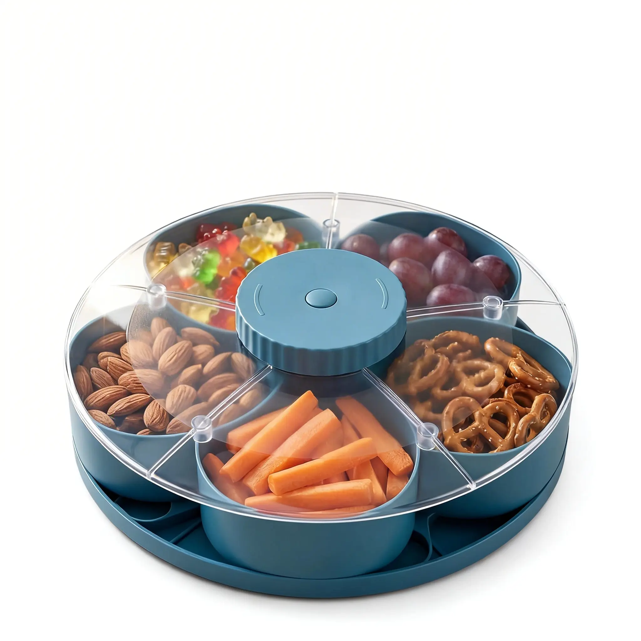 Plastic Rotating Petal-Style Divided Serving Tray with Lid, 5-Section Spinning Snack Box Container, Stackable Plastic Container for Kitchen, Coffee Use