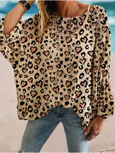 Women's Leopard Heart Print Long Sleeve Knit Top, Casual Elegant Vacation Style Knitwear Sweater Pullover, Loose Fit Batwing Shoulders, Lightweight, Spring & Fall Fashion, Womenswear