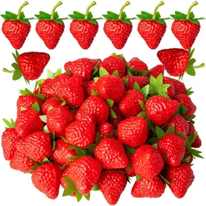 40Pcs Fake Plastic Strawberries, Artificial Lifelike Red Fruit with Green Stem and Leaf for Home Kitchen Party Decor Photography Prop