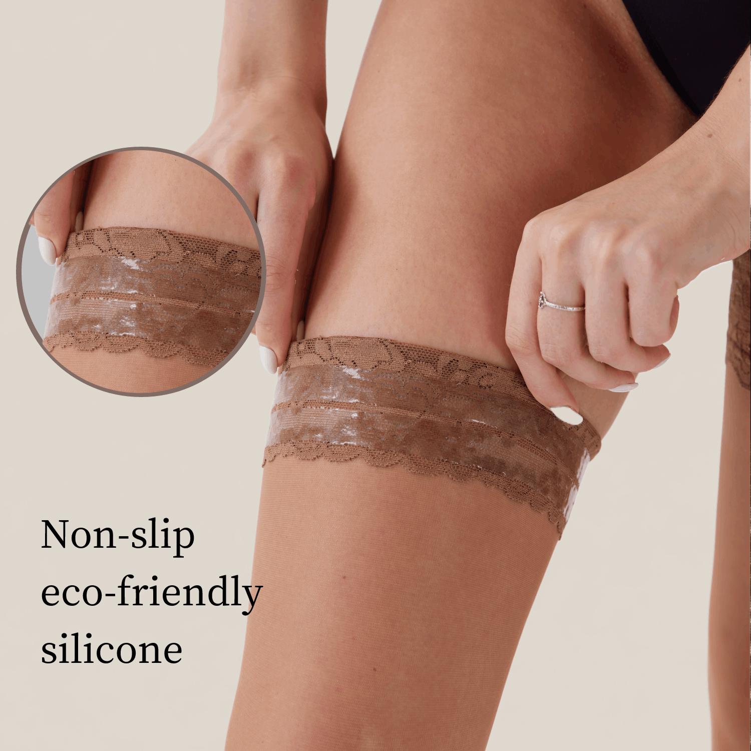 20D Silicone Lace Thigh High Stockings, Natural Skin Tone, One Size, 3 Pairs Pack Womenswear