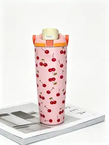 Owala 30oz Stylish Cherry Print Insulated Stainless Steel Tumbler - Leak-Proof Flip-Top Drinkware, Carry Handle, 24-Hour Cold Retention Vacuum Flask for Picnic, Office