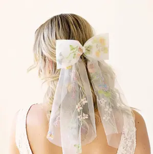 Tulle Bow Comb with Embroidered Flowers - Bachelorette Party Mini Bow, Pink Color
